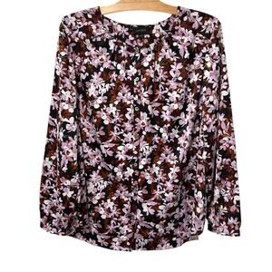 J Jill | Top Wearever Floral Button Front Long Sleeve Black Purple- Size XL